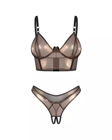 Photo de l'ensemble Soranna Top et String Ouvert par Obsessive en maille dorée et finition transparente-7