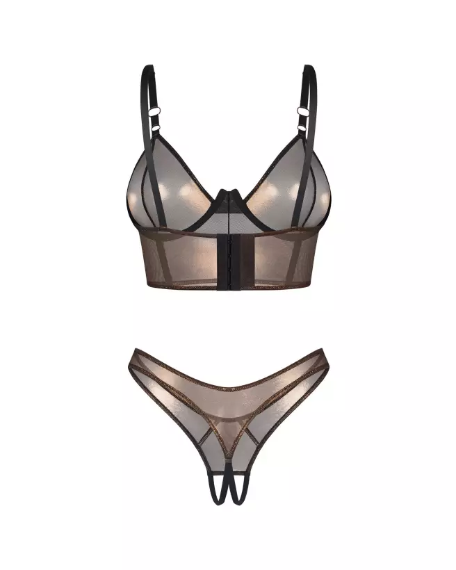 Photo de l'ensemble Soranna Top et String Ouvert par Obsessive en maille dorée et finition transparente-8