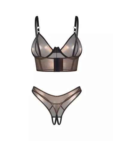 Photo de l'ensemble Soranna Top et String Ouvert par Obsessive en maille dorée et finition transparente-8