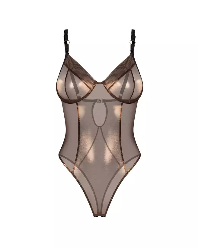Photo du body ouvert Soranna par Obsessive, lingerie érotique dorée et transparente-7