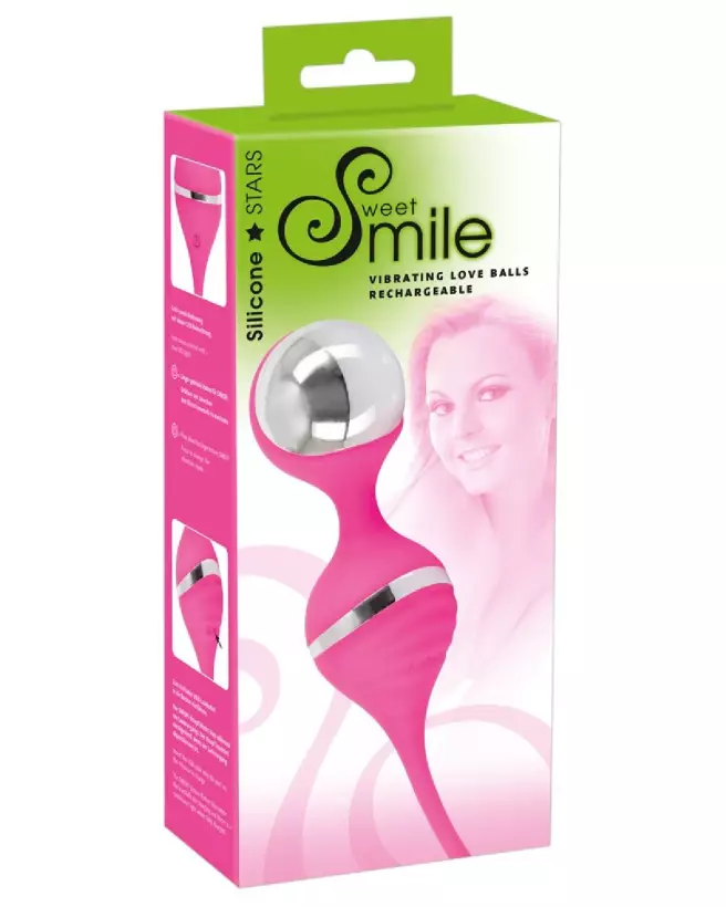 Boules de Geisha vibrantes Sweet Smile en silicone rose avec parties argentées-1