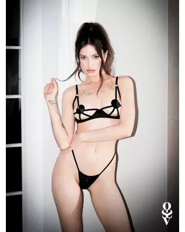 String Euridia Noir Obsessive avec détails métalliques dorés et design entrecroisé-8