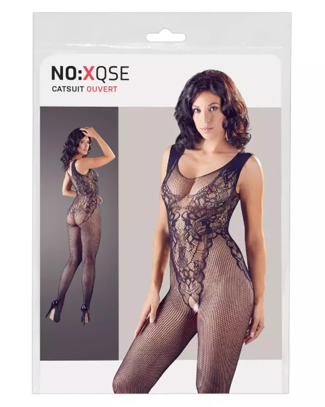 Crotchless Catsuit NO:XQSE en noir, lingerie sexy et érotique pour femme-1