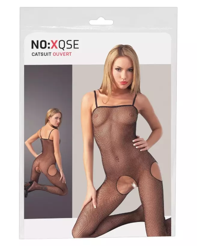 Net Catsuit L/XL NO:XQSE en résille noire, bodystocking élégant pour femme-1