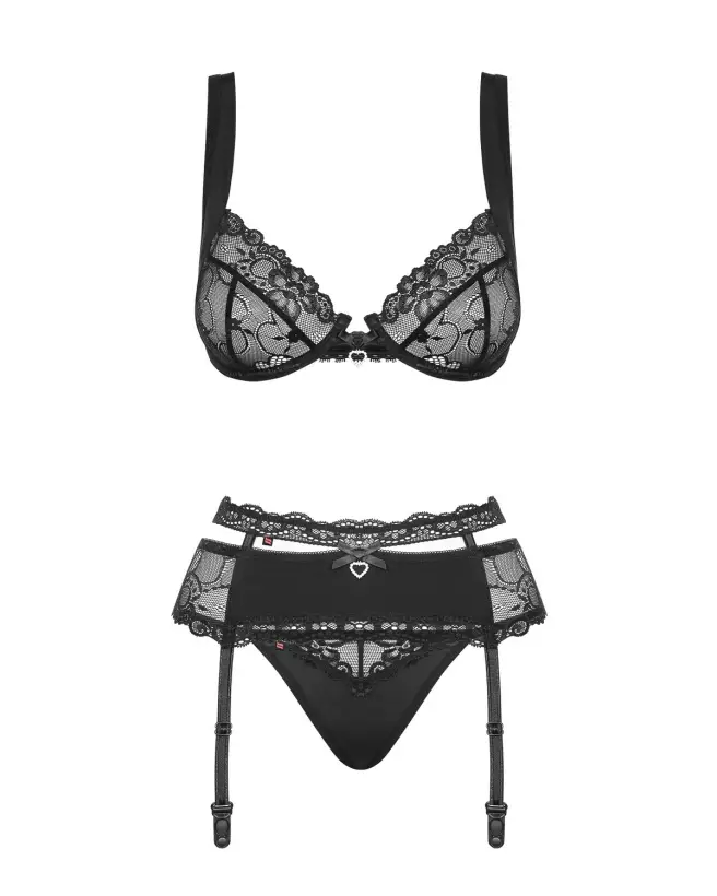 Photo de l'ensemble Heartina 3 pièces noir par Obsessive, lingerie élégante et séduisante-5
