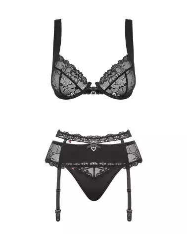 Photo de l'ensemble Heartina 3 pièces noir par Obsessive, lingerie élégante et séduisante-5