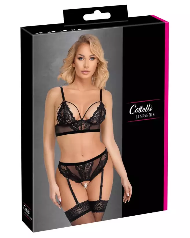 Photo de l'ensemble Bra & Thong noir Cottelli Lingerie, élégant et confortable-1