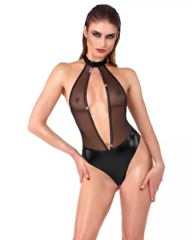 Body Noir à Strass Noir Handmade, Tenue Fetish Élégante-1