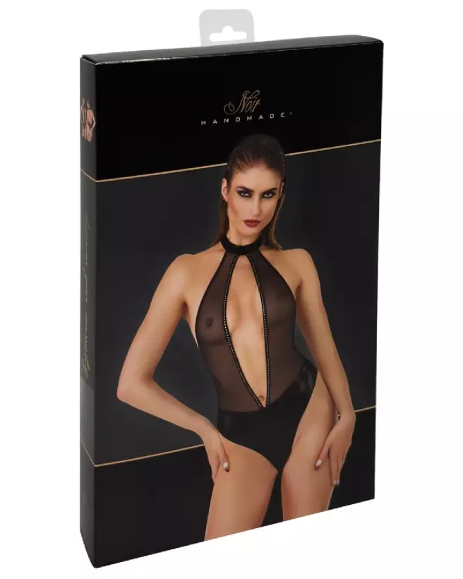 Body Noir à Strass Noir Handmade, Tenue Fetish Élégante-3