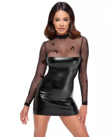 Robe Flock Noir Handmade en vinyle noir, style fetish élégant et glamour-1