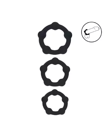 Photo de l'ensemble de 3 cockrings en silicone perlé noir Levelz by Shots, tailles S/M/L-5