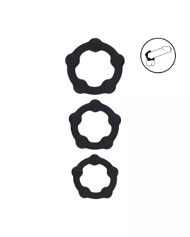 Photo de l'ensemble de 3 cockrings en silicone perlé noir Levelz by Shots, tailles S/M/L-6