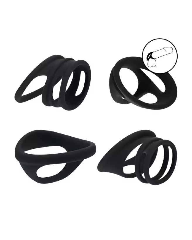 Image de l'ensemble de 4 anneaux en silicone noir pour pénis et testicules Levelz by Shots-7