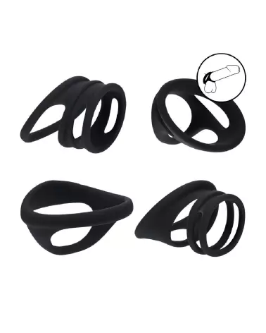 Image de l'ensemble de 4 anneaux en silicone noir pour pénis et testicules Levelz by Shots-7