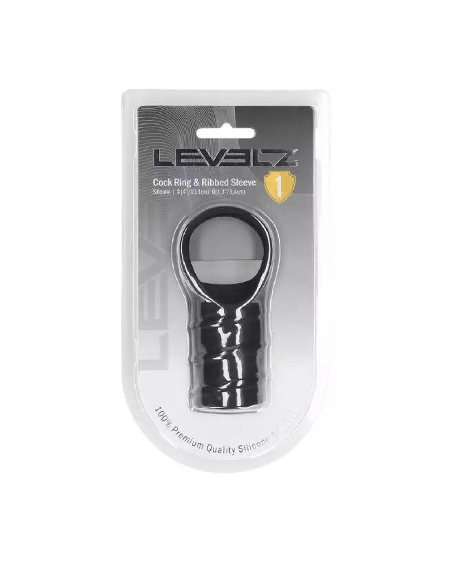 Cockring en silicone noir avec manchon strié de Levelz by Shots pour améliorer performance et plaisir-1