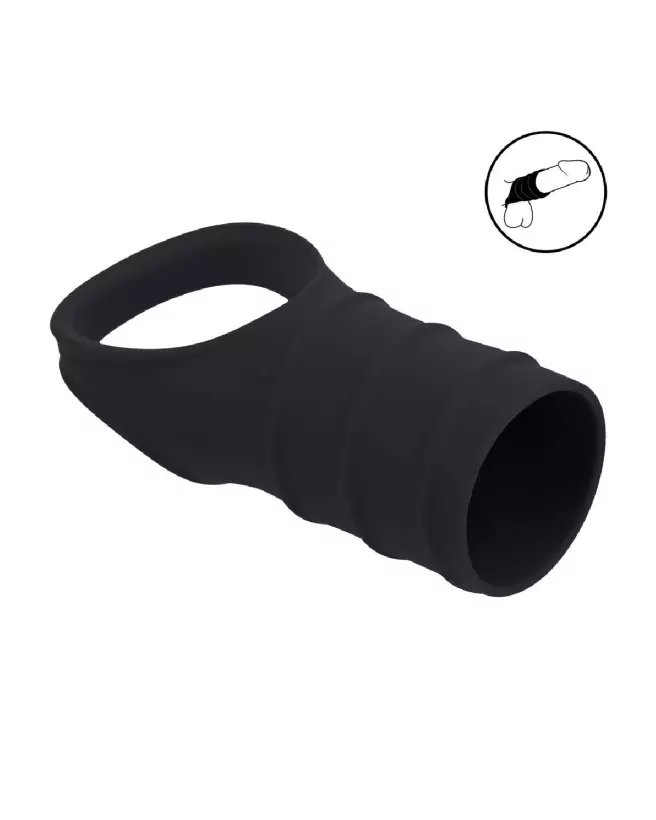 Cockring en silicone noir avec manchon strié de Levelz by Shots pour améliorer performance et plaisir-6