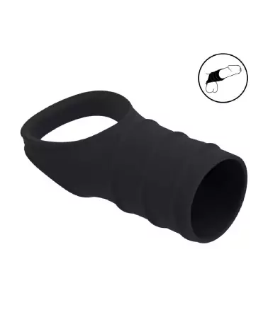Cockring en silicone noir avec manchon strié de Levelz by Shots pour améliorer performance et plaisir-7