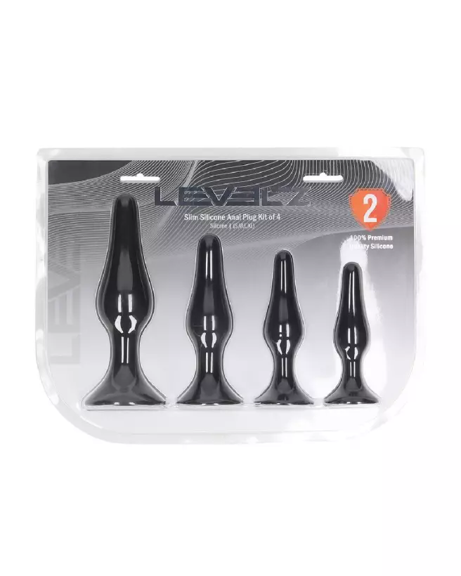 Image de l'ensemble de 4 plugs anaux Levelz by Shots en silicone noir tailles S M L XL-1