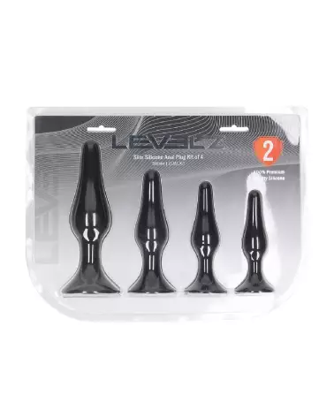 Image de l'ensemble de 4 plugs anaux Levelz by Shots en silicone noir tailles S M L XL-1