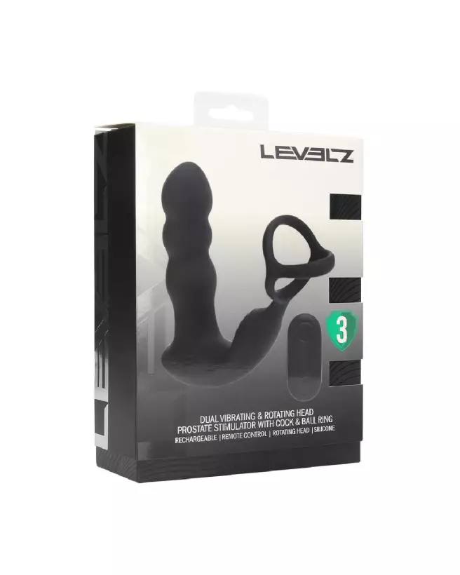 Stimulateur prostatique Levelz noir avec anneau vibrant et tête rotative-1