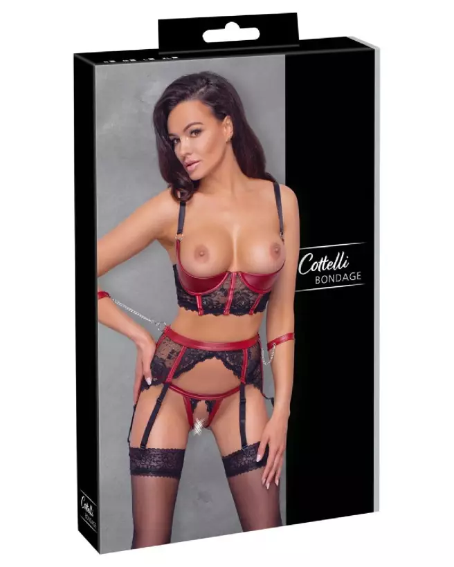 Photo de l'ensemble Shelf Bra Set noir et rouge de Cottelli BONDAGE, lingerie de luxe et élégante-1