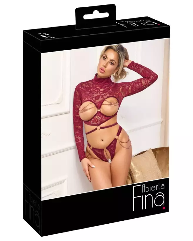 Ensemble de lingerie rouge Abierta Fina avec open top et string, tenue sensuelle et élégante-1