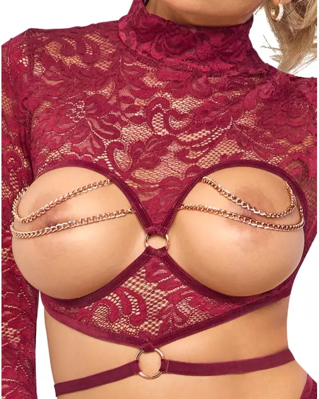 Ensemble de lingerie rouge Abierta Fina avec open top et string, tenue sensuelle et élégante-6