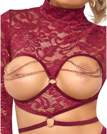 Ensemble de lingerie rouge Abierta Fina avec open top et string, tenue sensuelle et élégante-6