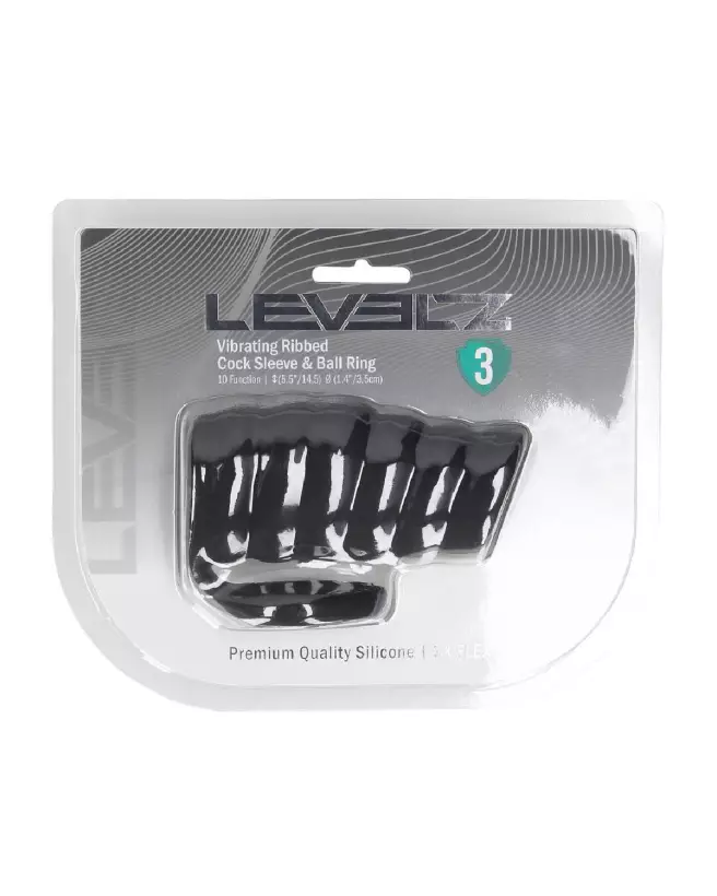 Manchon vibrant en silicone noir avec nervures et anneau pour testicules de Levelz by Shots-1