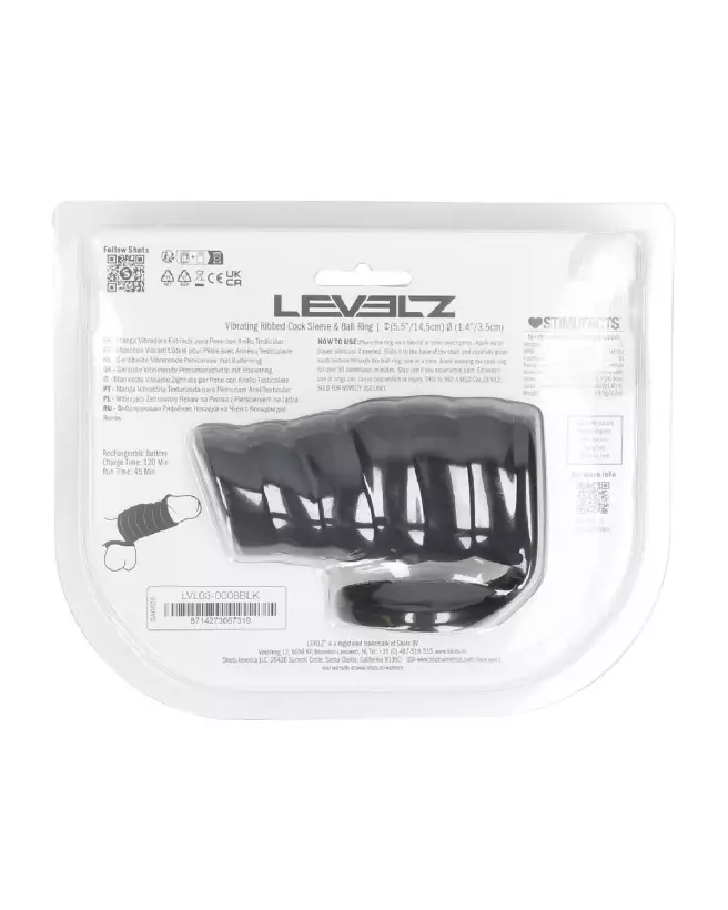 Manchon vibrant en silicone noir avec nervures et anneau pour testicules de Levelz by Shots-2