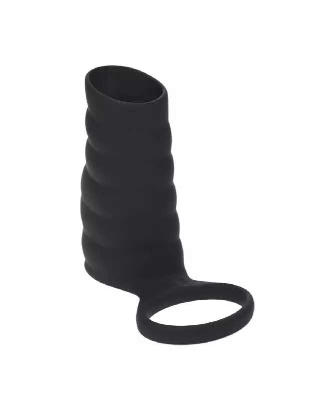 Manchon vibrant en silicone noir avec nervures et anneau pour testicules de Levelz by Shots-3