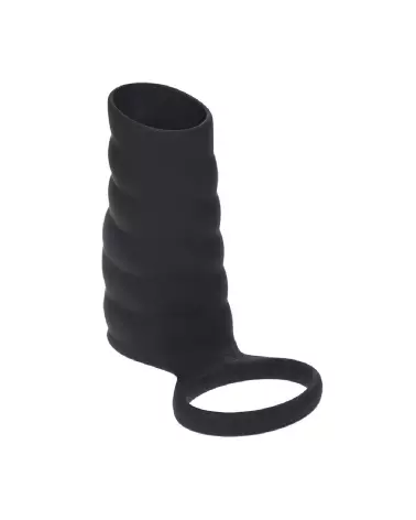 Manchon vibrant en silicone noir avec nervures et anneau pour testicules de Levelz by Shots-3