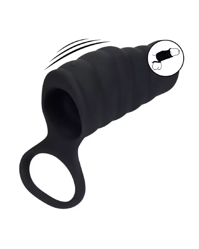 Manchon vibrant en silicone noir avec nervures et anneau pour testicules de Levelz by Shots-6
