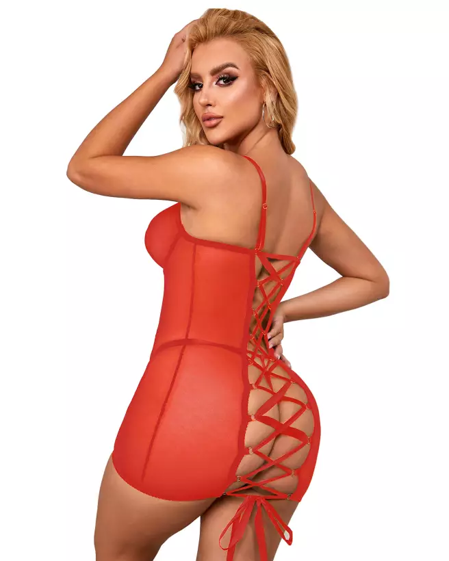 Nuisette rouge avec laçage élégante taille L/XL par Paris Hollywood-1